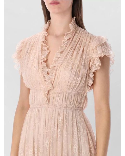 Alberta Ferretti Pink Lace V-Neck Ruched Maxi Dress