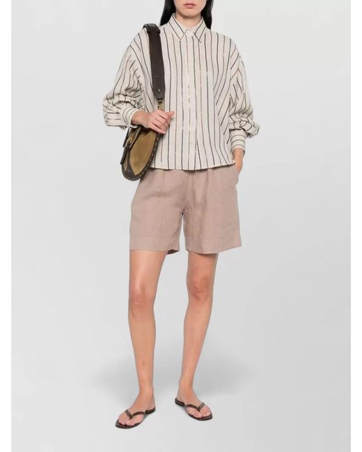 Brunello Cucinelli Natural Linen Shirt Long Sleeves Striped Pointed Collar