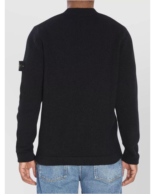 Stone Island Black Brushed Ribbed Crew Neck Wool Blend Sweater for men