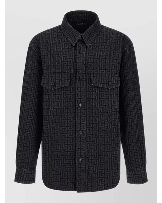 Balmain Blue Monogram Overshirt Straight Cut Chest Pockets for men