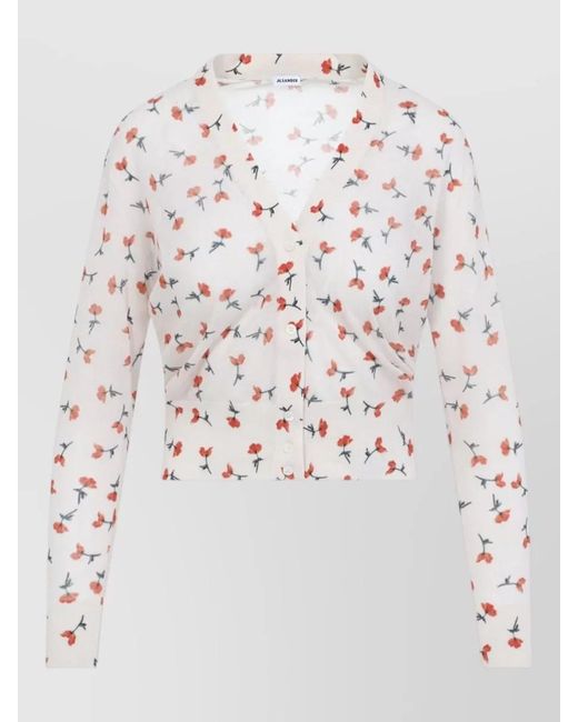 Jil Sander White Cropped V Neck Floral Knit Cardigan