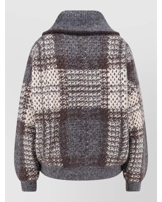 Brunello Cucinelli Gray Mohair Blend Checked Zip Cardigan