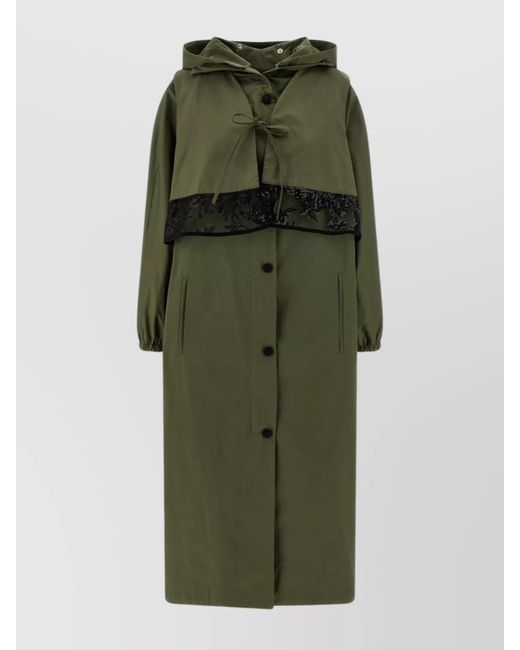 Le twins Green Long Trench Coat With Lace And Hood