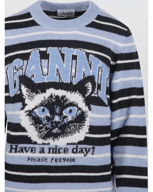Ganni Blue Wool Graphic Jacquard Stripe Round Neck Long-Sleeve Jumper