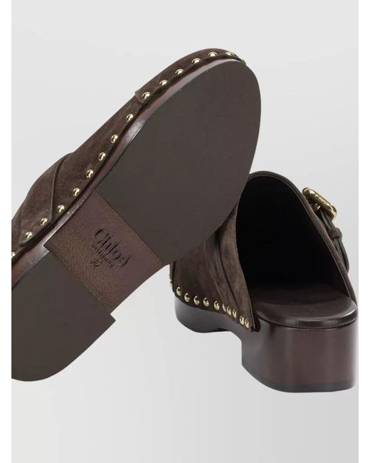 Chloé Brown Jeannette Suede Mules Buckle Studs Wooden Sole