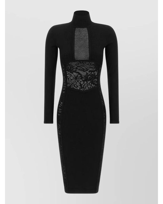 Elisabetta Franchi Black Knit Bodycon Dress Lace High Neck