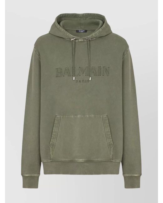Balmain Green Organic Cotton Embroidered Hoodie for men
