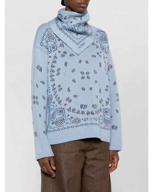 Alanui Blue Turtleneck Top Scarf Detail Long Sleeves