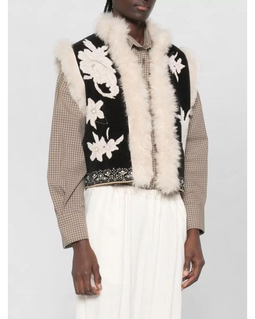 Forte_forte White Faux Fur Cropped Vest Floral Embroidery