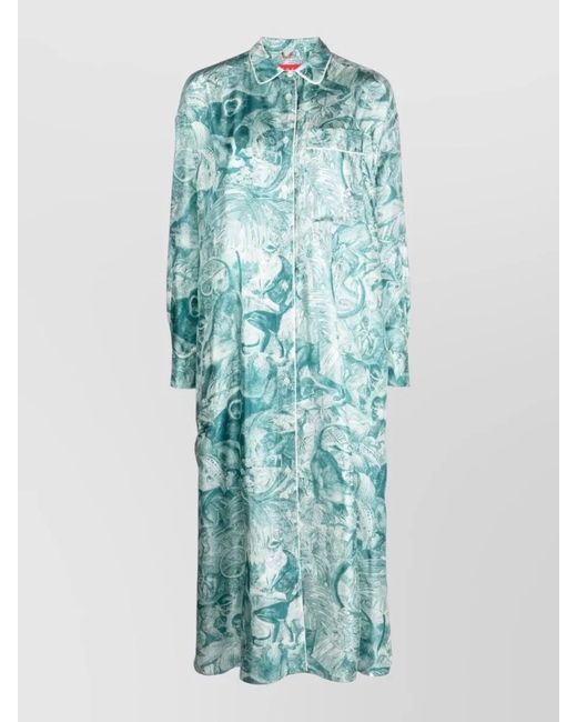F.R.S For Restless Sleepers Blue Silk Shirt Dress Japanese Branch Print