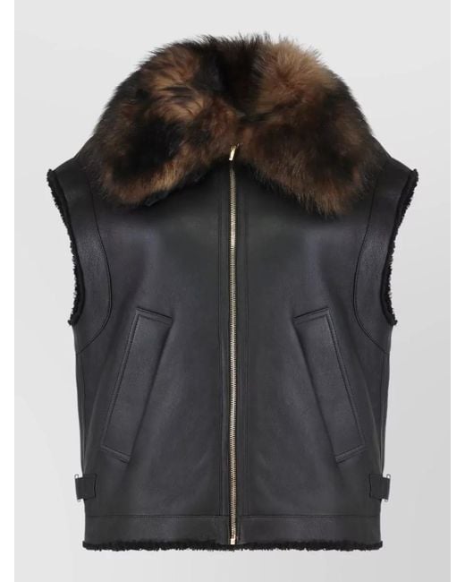 Fendi Black Shearling Lamb Gilet Sleeveless Leather Vest