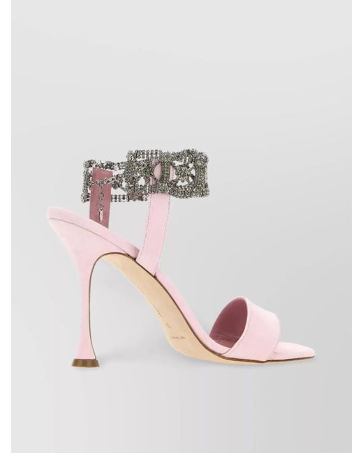 Manolo Blahnik Pink Suede Leather Jewel-Embellished Sandals