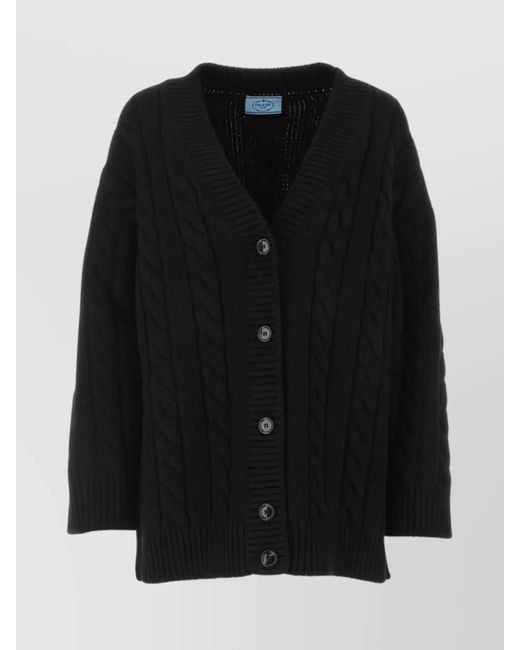 Prada Black Cashmere Wool Oversized V-Neck Cardigan