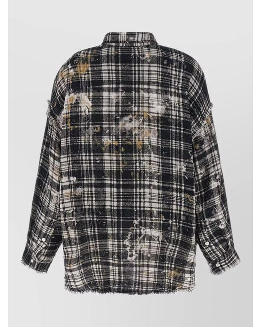 R13 Black Plaid Shirt Long Sleeves Frayed Hem