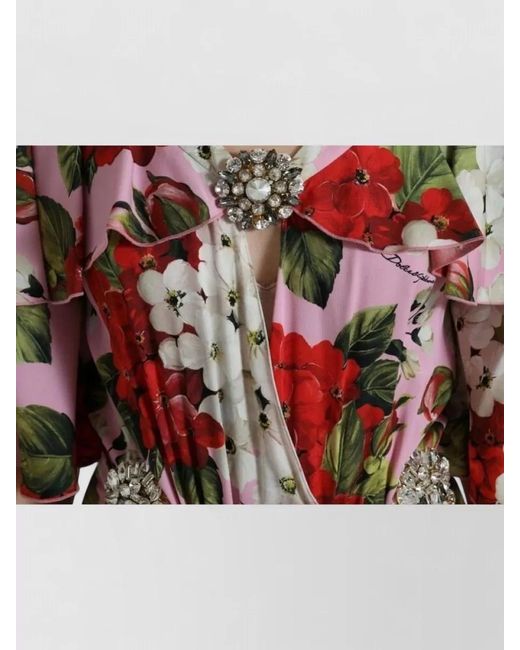 Dolce & Gabbana Red Silk Floral-Print Crystal-Embellished Short-Sleeve V-Neck Midi Dress