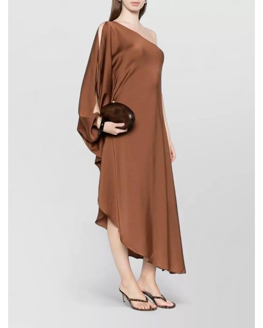 Silk95five Brown Ritz Asymmetric One Shoulder Midi Dress