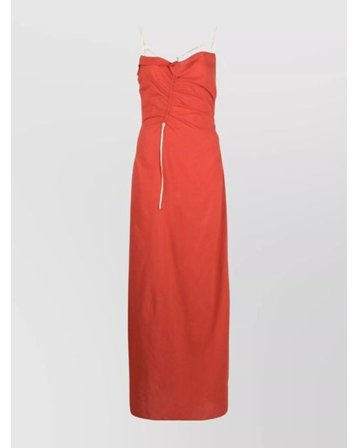 Jacquemus Cotton Draped Gathered Square Neck Spaghetti Strap Ankle-Length Dress