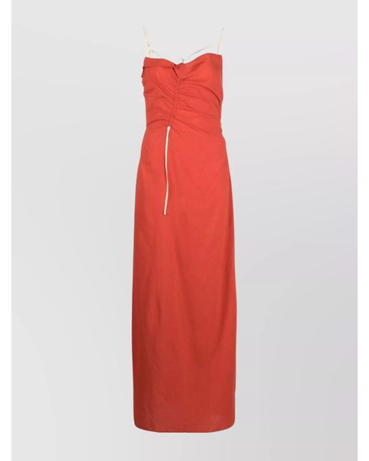 Jacquemus Cotton Draped Gathered Square Neck Spaghetti Strap Ankle-Length Dress