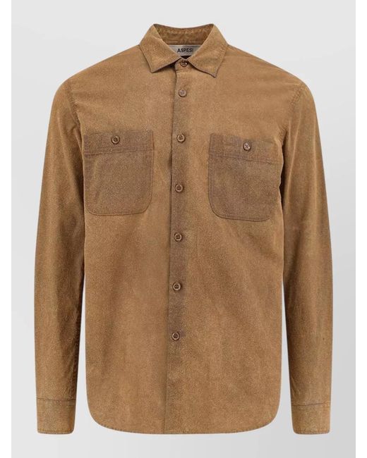 Aspesi Brown Suede Overshirt Buttoned Pockets Long Sleeves for men