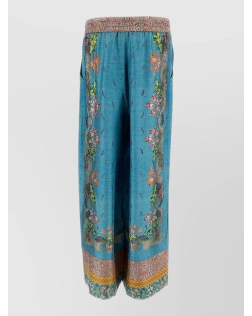 Pierre Louis Mascia Blue Printed Silk Wide-Leg Trousers