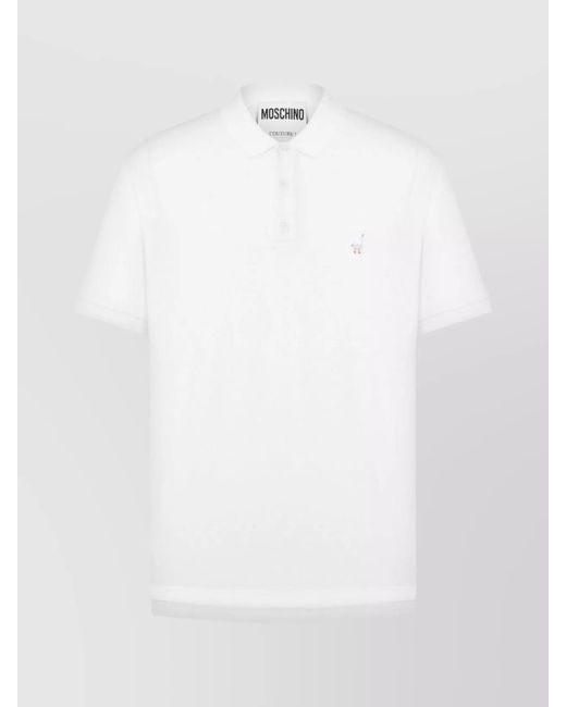Moschino White Polo Shirt Embroidered Asymmetric Hem for men