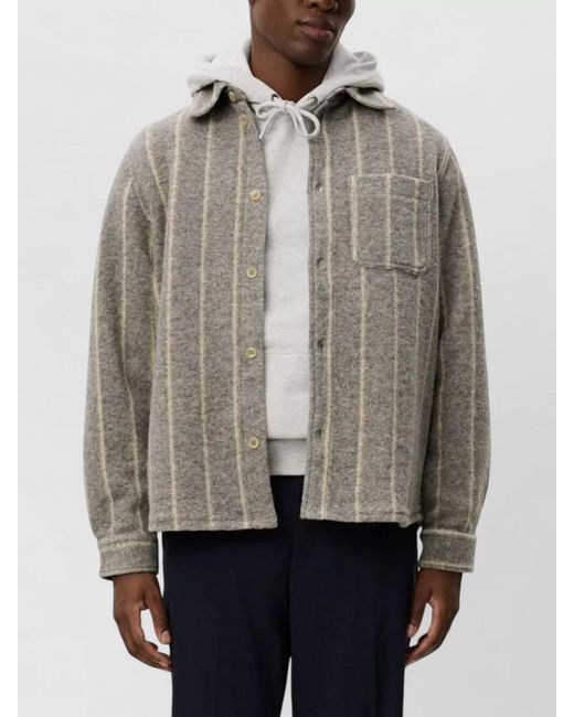 Les Deux Gray Nylon Silk Jacket Striped Chest Pocket Long Sleeves for men