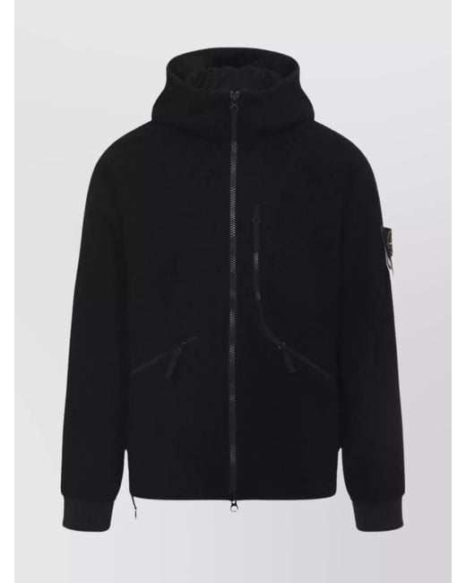 Stone Island Black Wool-Nylon Hooded Single-Breasted Coat for men