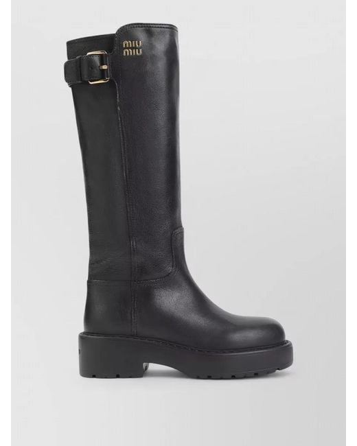 Miu Miu Black Knee High Boots Buckle Detail Chunky Sole