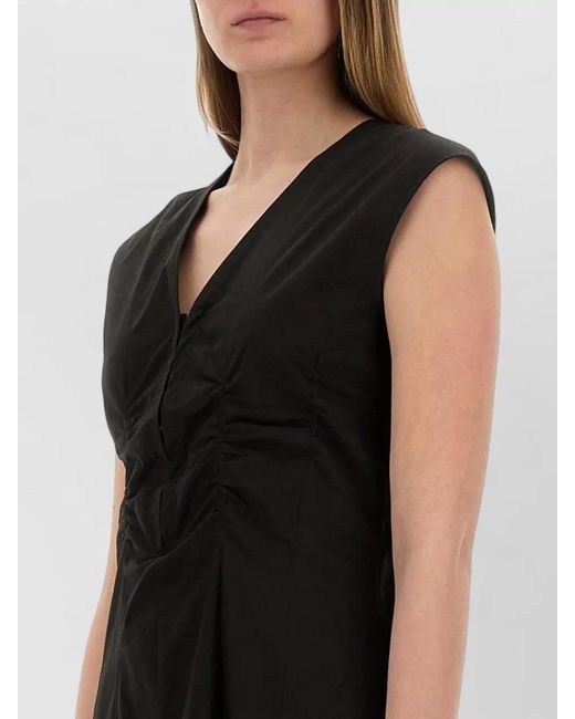 Alysi Black Poplin Midi Dress Cap Sleeves V Neckline