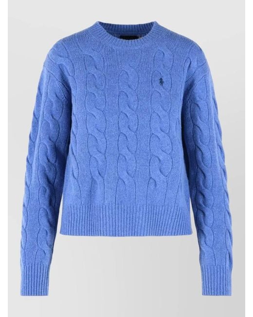 Polo Ralph Lauren Blue Cable-Knit Cashmere Wool Crew-Neck Sweater