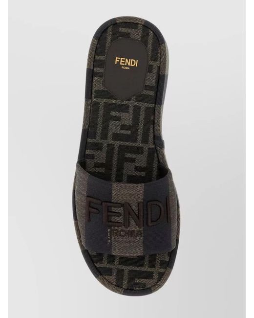 Fendi Black Canvas Logo-Embroidered Platform Slides