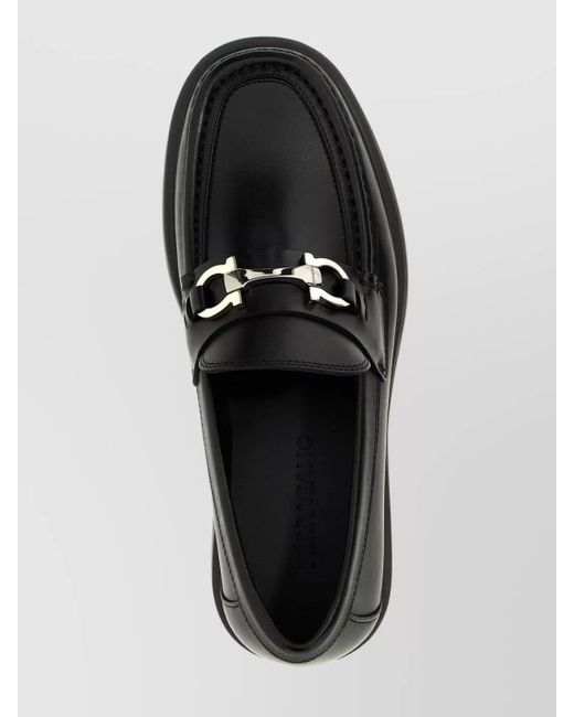 Ferragamo Black Round Toe Loafers With Metallic Buckle for men