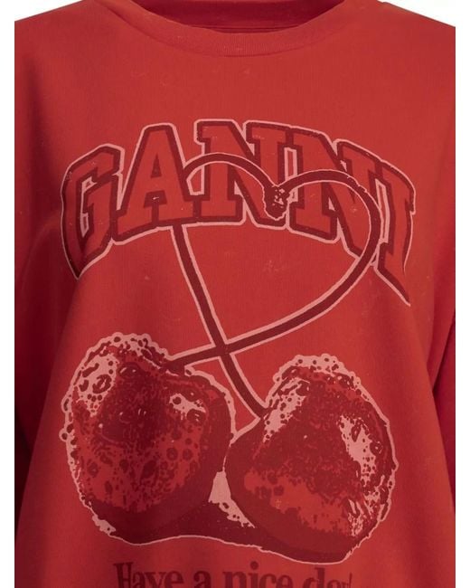 Ganni Red Cherries Knit Crewneck Long Sleeve Sweater