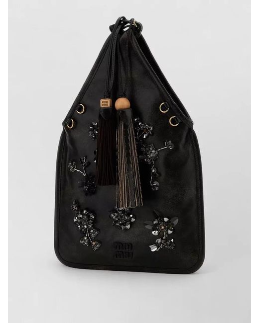 Miu Miu Black Nappa Leather Bucket Bag Embellished Tassels