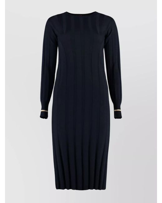 Max Mara Blue Virgin Wool Ribbed Knee-Length Dress