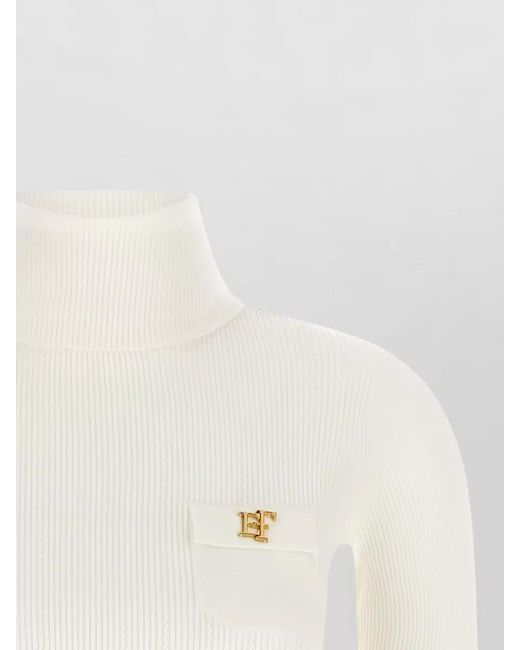 Elisabetta Franchi Natural Mock Neck Top Long Sleeves Embroidery