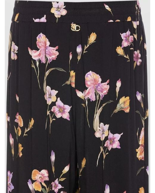 Twinset White Floral Print Pants Elasticized Waist Wide Leg