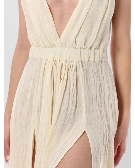 120% Lino Natural Long Linen Dress Deep V Neckline