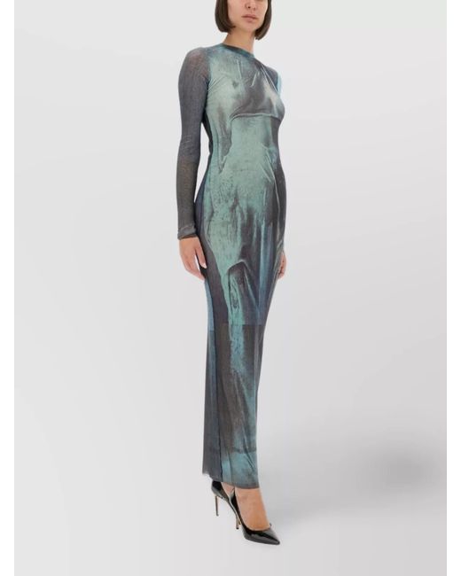 Jean Paul Gaultier Blue Printed Mesh Slim-Fit Maxi Dress