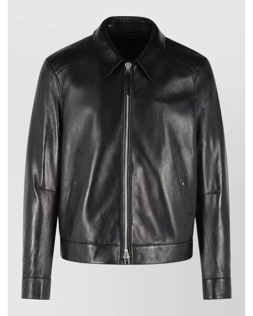 Tom Ford Black Leather Jacket Buttoned Cuffs Collared Front Pockets for men