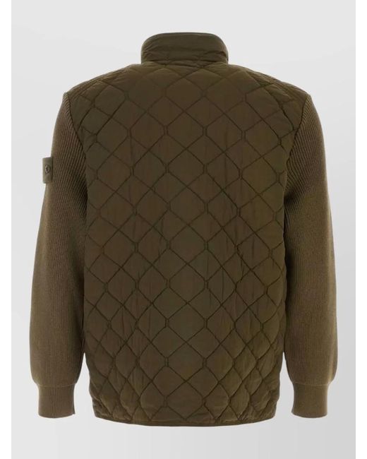 Stone Island Green Quilted Nylon Jacket Front Pocket Collar for men