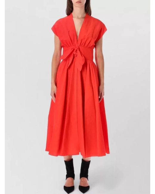 Alaïa Red Linen Blend Midi Dress Knotted Belt