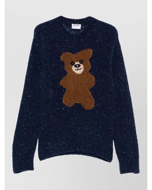 Moschino Blue Bear Motif Crew Neck Casual Sweater for men