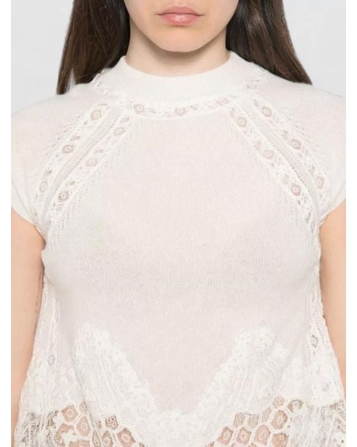 Ermanno Scervino Natural Cashmere Lace Knit Top High Neck
