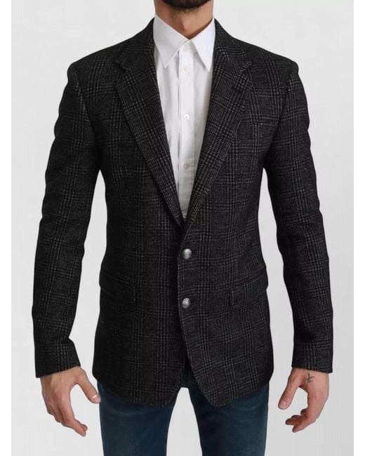 Dolce & Gabbana Black Wool Silk Cashmere Checked Slim-Fit Blazer for men