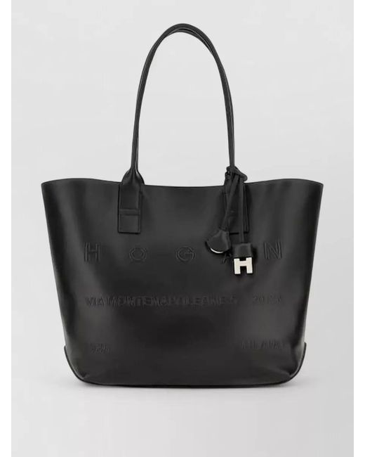 Hogan Black Address Medium Leather Shopping Tote Bag