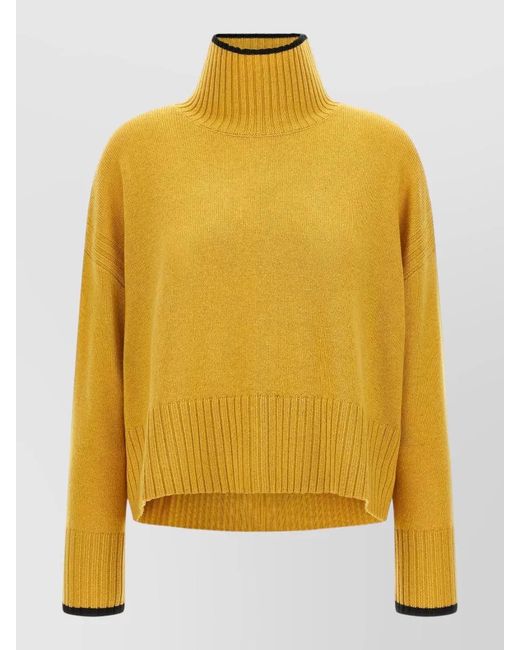 Pinko Yellow High Neck Cropped Ribbed Knit Top
