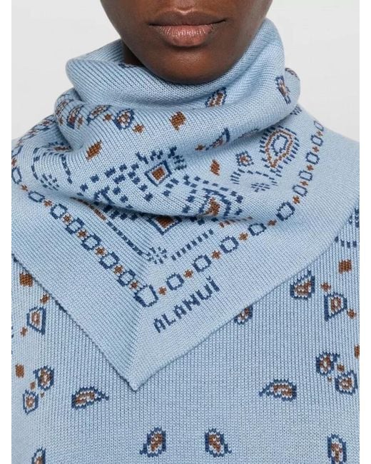 Alanui Blue Turtleneck Top Scarf Detail Long Sleeves