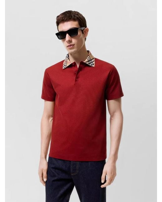 Burberry Red Cotton Polo Shirt Contrasting Check Collar for men
