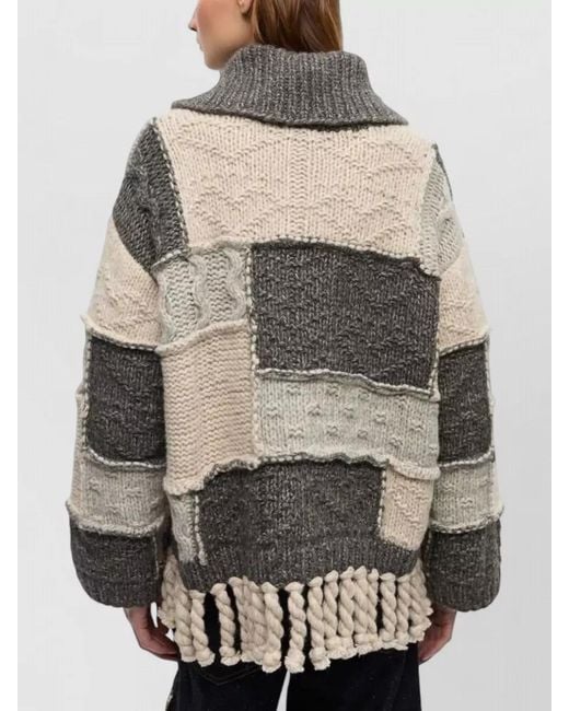Ganni Multicolor Knit Sweater Fringe Hem Long Sleeves Patchwork